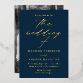 エレガモダンンス海軍と金ゴールドフォト結婚ズ 箔招待状