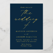 エレガモダンンス海軍と金ゴールドフォト結婚ズ 箔招待状 (正面)