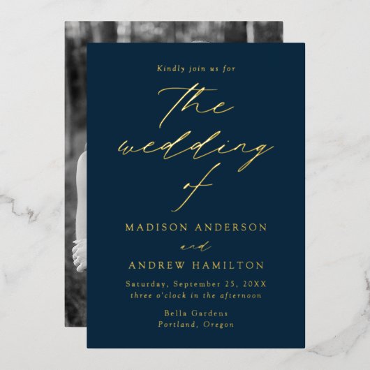 エレガモダンンス海軍と金ゴールドフォト結婚ズ 箔招待状 (正面/裏面)