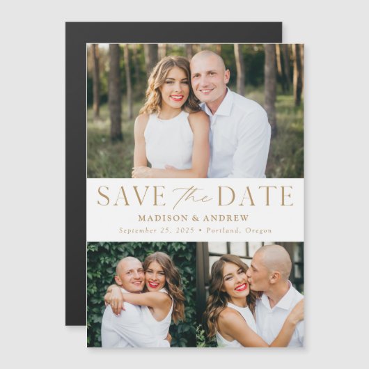 エレガモダンンス金ゴールド3枚の写真が日付を保存 マグネット招待状 (正面/裏面)