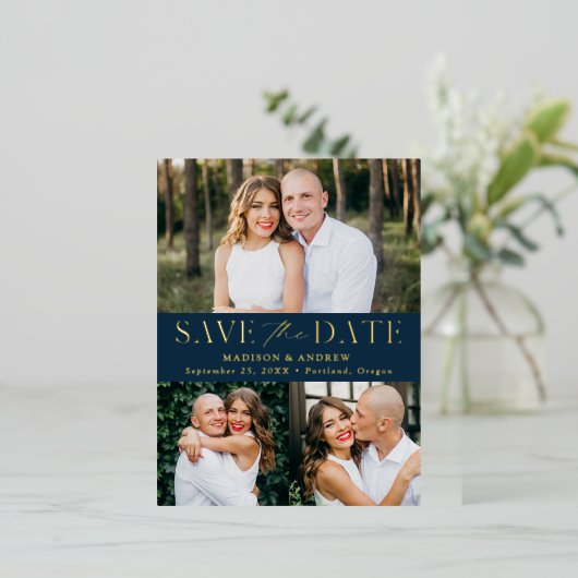 エレガモダンンス3フォトウェディング日付を保存 箔招待状ポストカード (立ち正面)