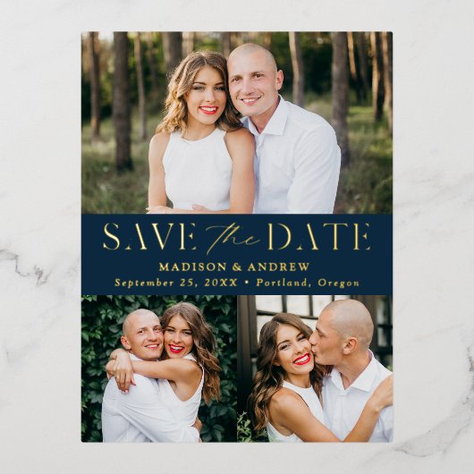 エレガモダンンス3フォトウェディング日付を保存 箔招待状ポストカード (正面)