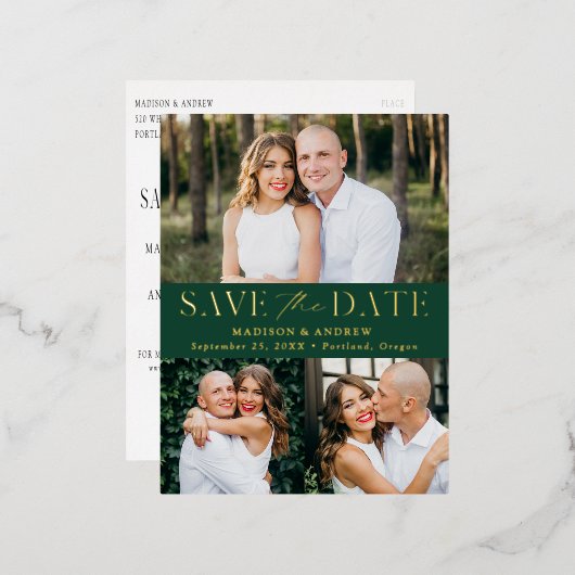 エレガモダンンス3フォトウェディング日付を保存 箔招待状ポストカード (正面/裏面)