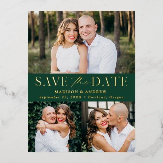 エレガモダンンス3フォトウェディング日付を保存 箔招待状ポストカード (正面)