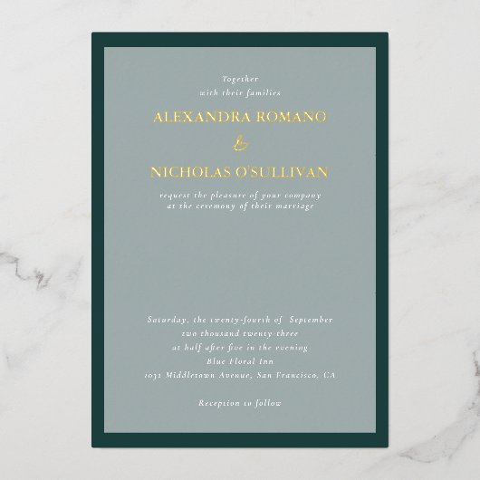 エレガモダンントウェディングエメラルドグリーンと金ゴールド 箔招待状 (正面)