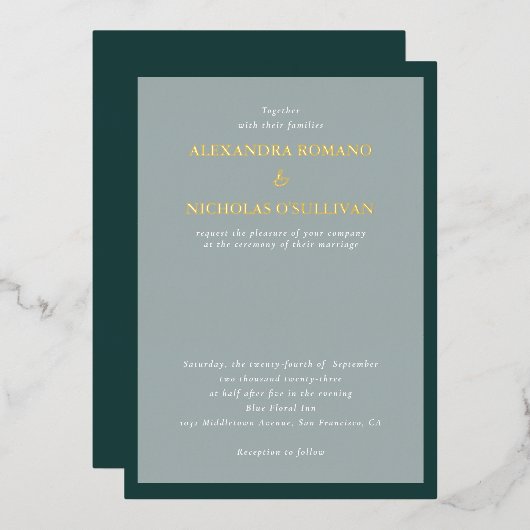 エレガモダンントウェディングエメラルドグリーンと金ゴールド 箔招待状 (正面/裏面)