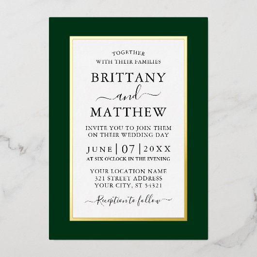 エレガモダンントウェディンググリーン金ゴールド 箔招待状 (正面)