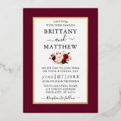 エレガモダンントウェディングブルゴーニュフローラ写真金ゴールド 箔招待状 (正面)