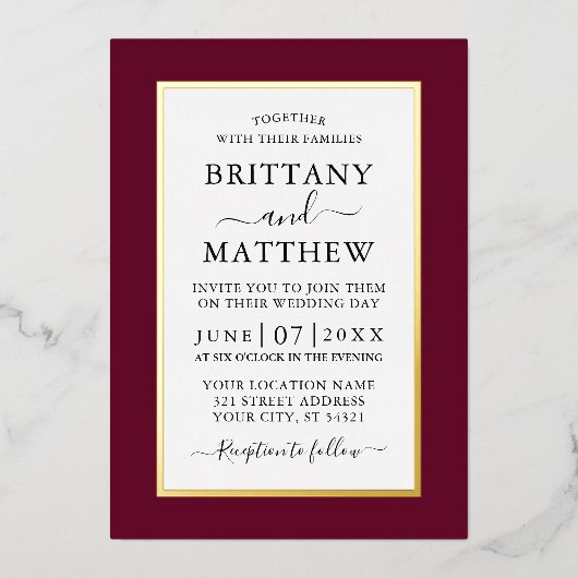 エレガモダンントウェディングブルゴーニュ金ゴールド  箔招待状 (正面)