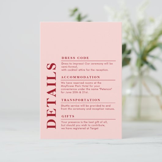 エレガモダンントウェディング詳細レッド&ピンク エンクロージャーカード (スタンド正面)