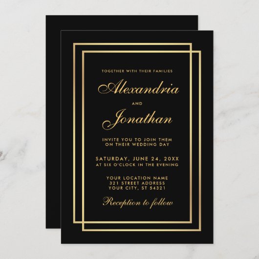 エレガモダンントウェディング金ゴールド白黒招待状 招待状 (正面/裏面)