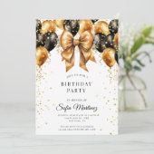 エレガモダンントバースデーパーティーブラック金ゴールドオンホワイト 招待状 (スタンド正面)