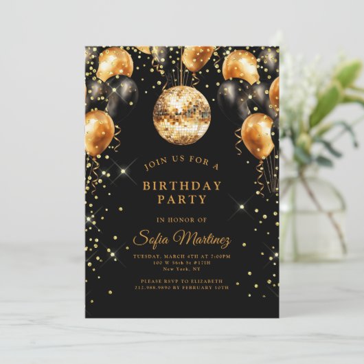 エレガモダンントバースデーパーティーブラック金ゴールド 招待状 (スタンド正面)