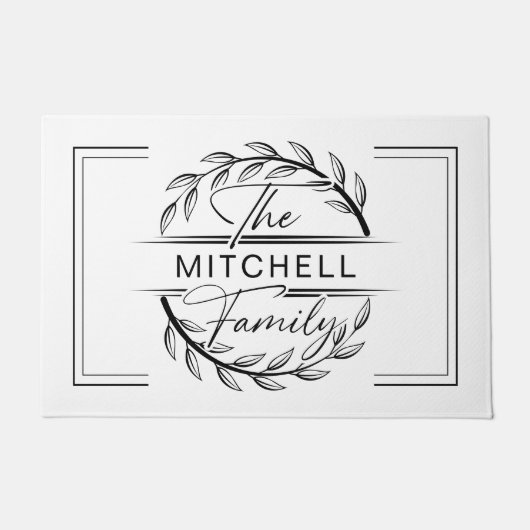 エレガモノグラムの白黒カスタムファミリー名 ドアマット (正面)