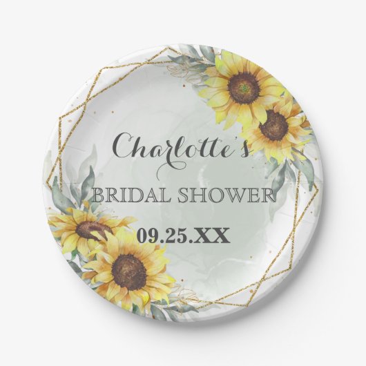 エレガンウォーターカラーサンフラワーグリーンブライダルシャワー ペーパープレート (正面)