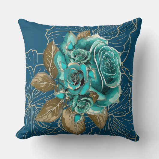 エレガンスのウィスパー:ティール(緑がかった色)と金ゴールド装飾用クッション クッション (正面)