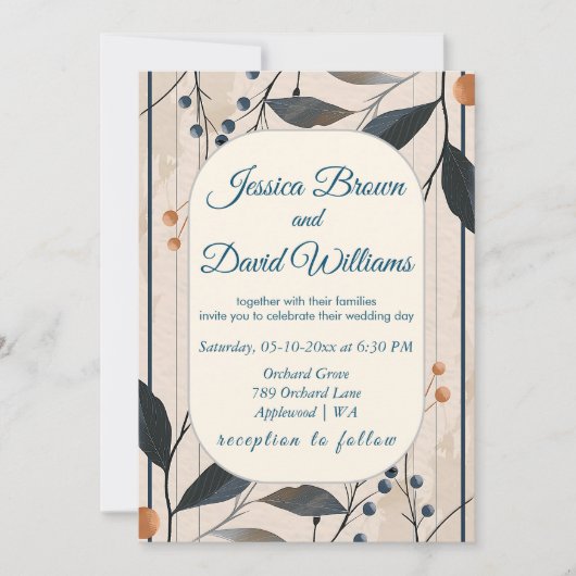 エレガンスインブルー&金ゴールドモダン結婚式招待状 招待状 (正面)