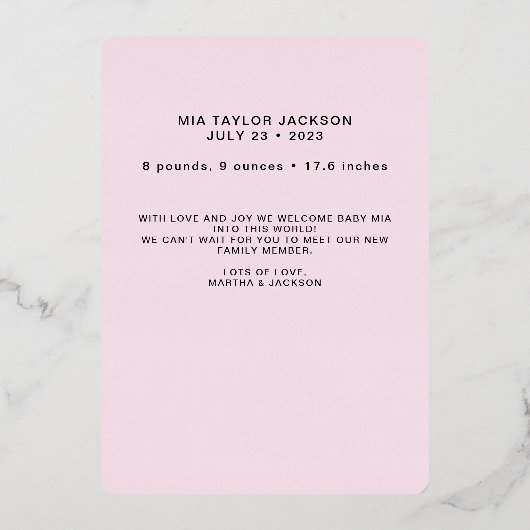 エレガンスクラシックフォトフォイル誕生の発表 箔招待状 (裏面)