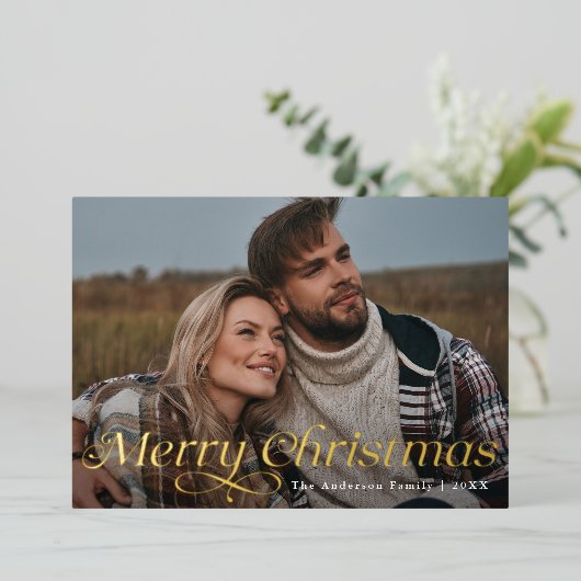 エレガンスクラシック金ゴールドメリークリスマスホリデーカード 箔招待状 (立ち正面)