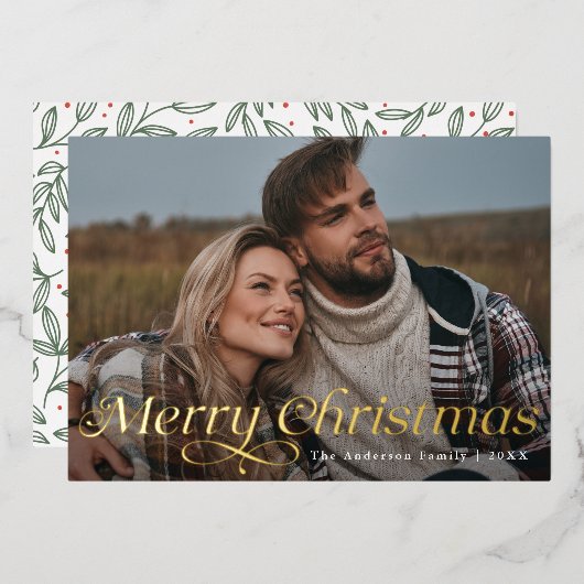 エレガンスクラシック金ゴールドメリークリスマスホリデーカード 箔招待状 (正面/裏面)