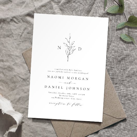 エレガンスシンプルボタニカルモノグラム結婚ラスティック 招待状