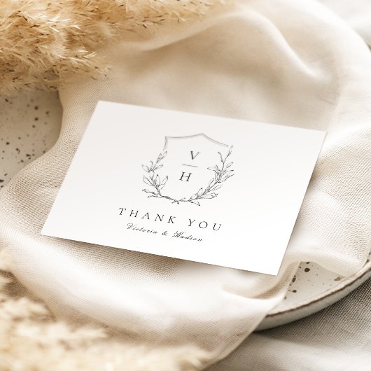 エレガンスシンプルボタニッククレストモノグラム結婚ズ サンキューカード