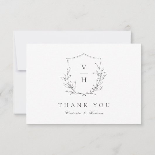 エレガンスシンプルボタニッククレストモノグラム結婚ズ サンキューカード (正面)