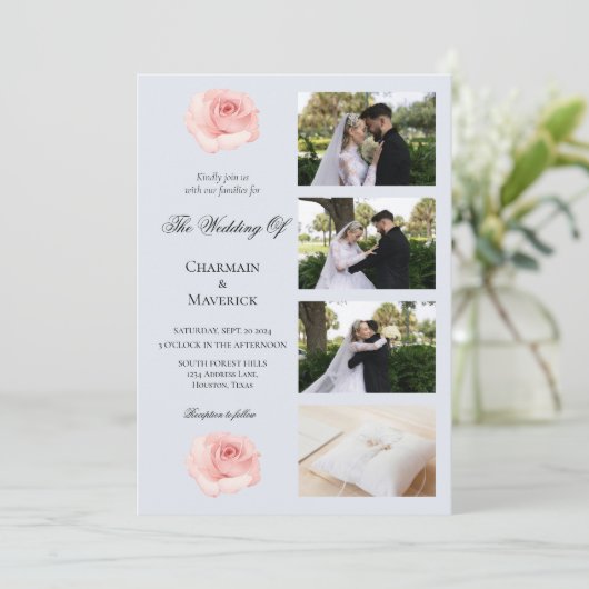 エレガンスバラピンクとコラージュ4フォト結婚ズ 招待状 (スタンド正面)