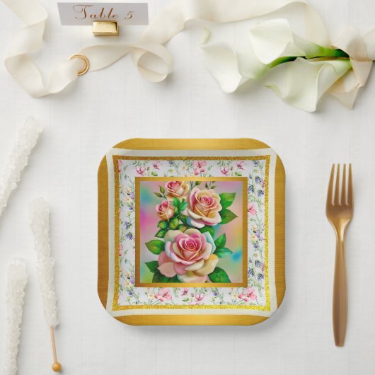 エレガンスバラピンクアンドイエローウォーターカラーパステル ペーパープレート (ウェディング)