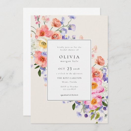 エレガンスピンクボホフローラブライダルシャワー 招待状 (正面/裏面)