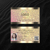 エレガンスピンク金ゴールドグリッターロゴ写真とQRコード 名刺