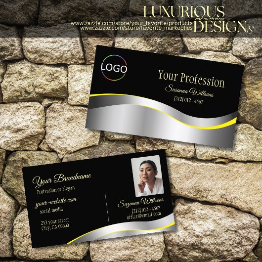 エレガンスブラックウェーブシルバーデコール(ロゴ付き) 名刺