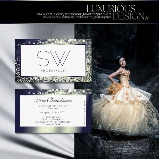 エレガンスブルーシルバーグラデーショングリッターホワイトモノグラム 名刺