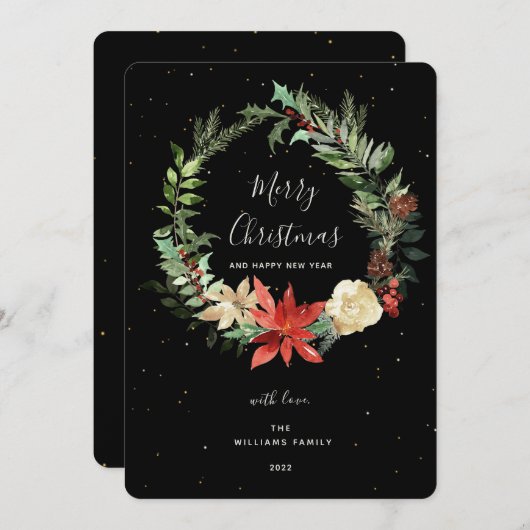 エレガンスメリークリスマスリースブラックゴールデンカード サンキューカード (正面/裏面)