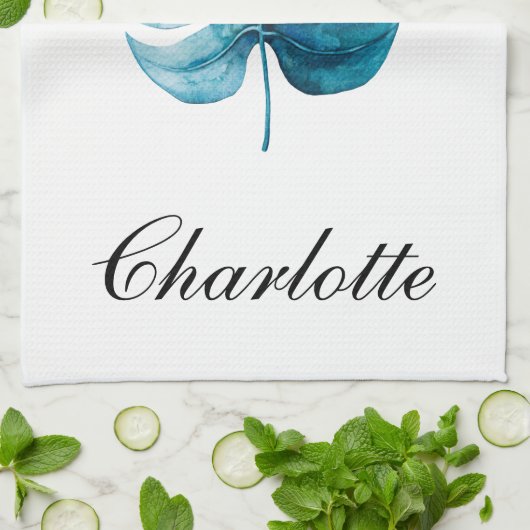 エレガンスモダンウォーターカラーモンスターブルーリーフ キッチンタオル (折り畳み)