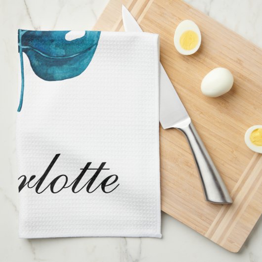 エレガンスモダンウォーターカラーモンスターブルーリーフ キッチンタオル (四つ折り)