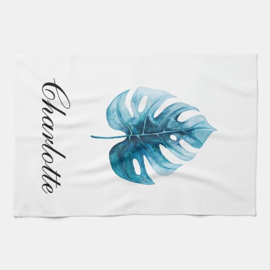 エレガンスモダンウォーターカラーモンスターブルーリーフ キッチンタオル (横)