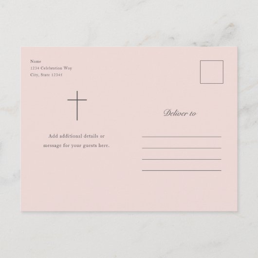 エレガンスモダンガールズフォトバプテスマ インビテーションポストカード (裏面)