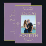 エレガンスモダンダスティ薄紫写真40th Birthday 招待状<br><div class="desc">美しい、両面モダン、トレンディーエレガント写真40歳の誕生日の招待状。光沢のあるかわいらし薄紫の色の背景と縁どは、洗練され、どの季節にも適したファッショナブルな色。ロマンチックユニークな埃の多い薄紫と金ゴールド色の誕生日デザイン。自分の写真の例を変更するだけで、自分のお祝いの個人招ユニーク待を作成できる。すべての文字、フォント、およびフォントの色は、要件を満たすように完全にカスタマイズ可能。QR-CODEは追加情報に適用できる。あなたもしの製品救済をパーソナライズしカスタマイズて欲しいと、私の店を通して私は非常に幸せになり、私はあなたに幸せになります。美しいシックで上品なスタイリッシュと結婚デザイン。</div>