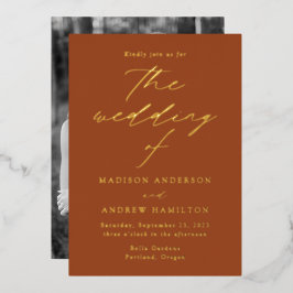 エレガンスモダンテラコッタと金ゴールドフォト結婚ズ 箔招待状
