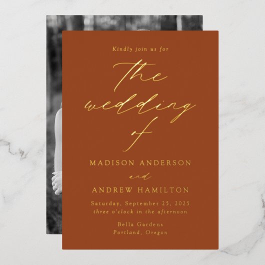 エレガンスモダンテラコッタと金ゴールドフォト結婚ズ 箔招待状 (正面/裏面)