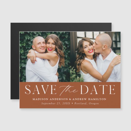 エレガンスモダンテラコッタ2枚の写真保存日 マグネット招待状 (正面/裏面)