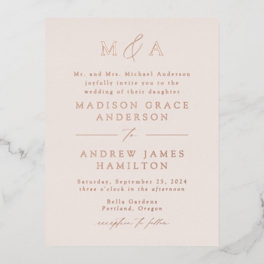 エレガンスモダンバラ金ゴールドモノグラム結婚ズ 箔招待状ポストカード (正面)