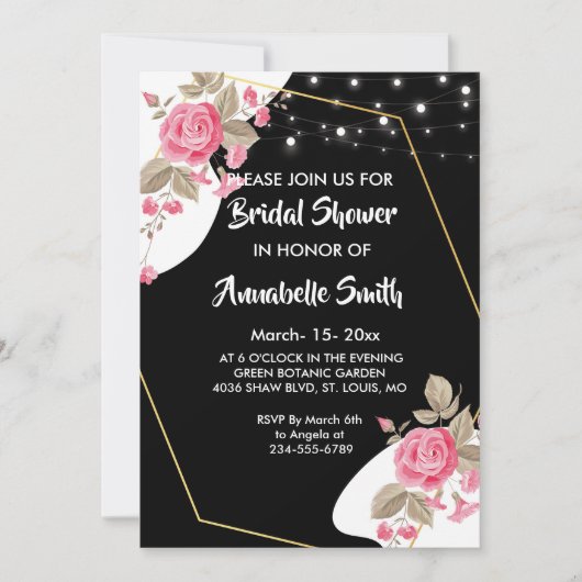 エレガンスモダンピンクのフローラストリングliBridalシャワー 招待状 (正面)