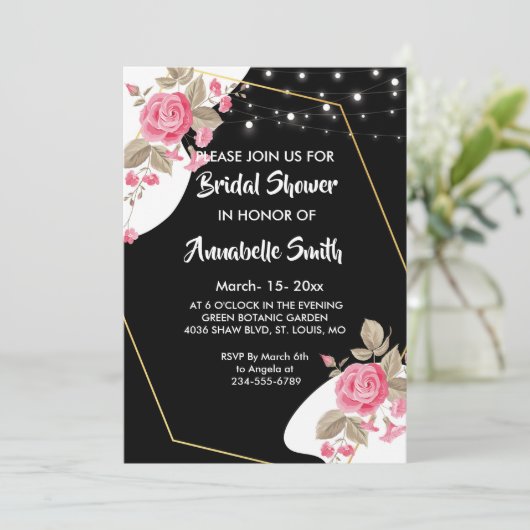 エレガンスモダンピンクのフローラストリングliBridalシャワー 招待状 (スタンド正面)