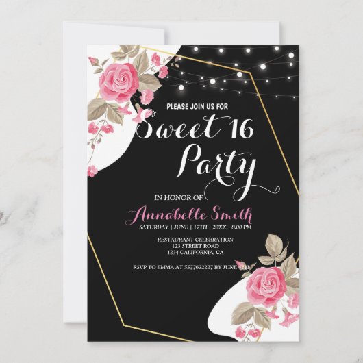 エレガンスモダンピンクフローラストリング軽い甘い16 招待状 (正面)