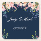 エレガンスモダンピンクフローラボ結婚タニーズ スクエアペーパーコースター (正面)