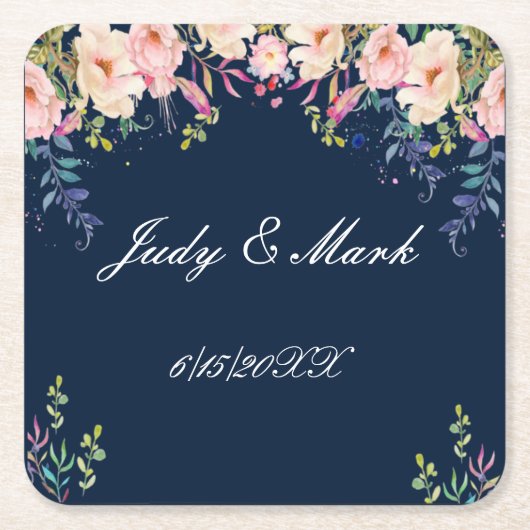 エレガンスモダンピンクフローラボ結婚タニーズ スクエアペーパーコースター (正面)