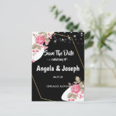 エレガンスモダンピンクフローラ文字列l日付の保存 案内ポストカード (スタンド正面)