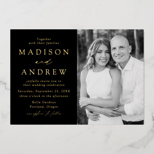 エレガンスモダンブラックと金ゴールドフォト結婚ズ 箔招待状 (正面)